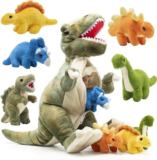 PREXTEX 15英寸霸王龙毛绒玩具套装，含4款恐龙，适3-5岁，带拉链袋